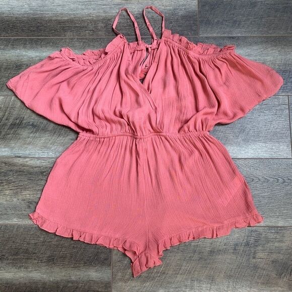 NWT Topshop Cold Shoulder Pink Ruffle Romper - Picture 10 of 14